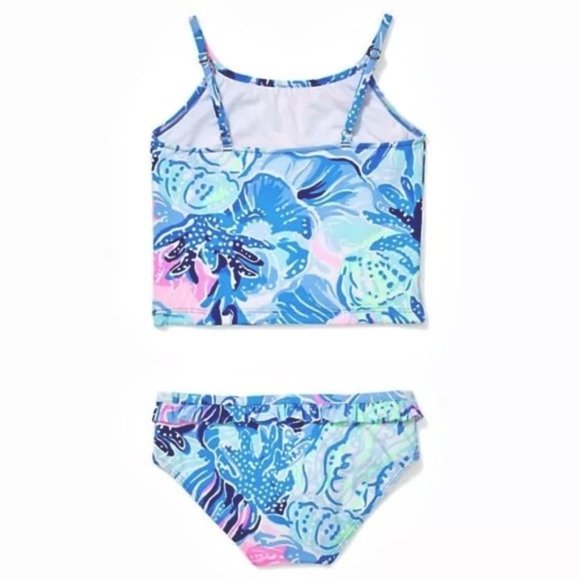 LILLY PULITZER Emiko Tankini Saltwater Blue Shade Seekers UPF 50 Ruffle Swimsuit - Picture 2 of 12
